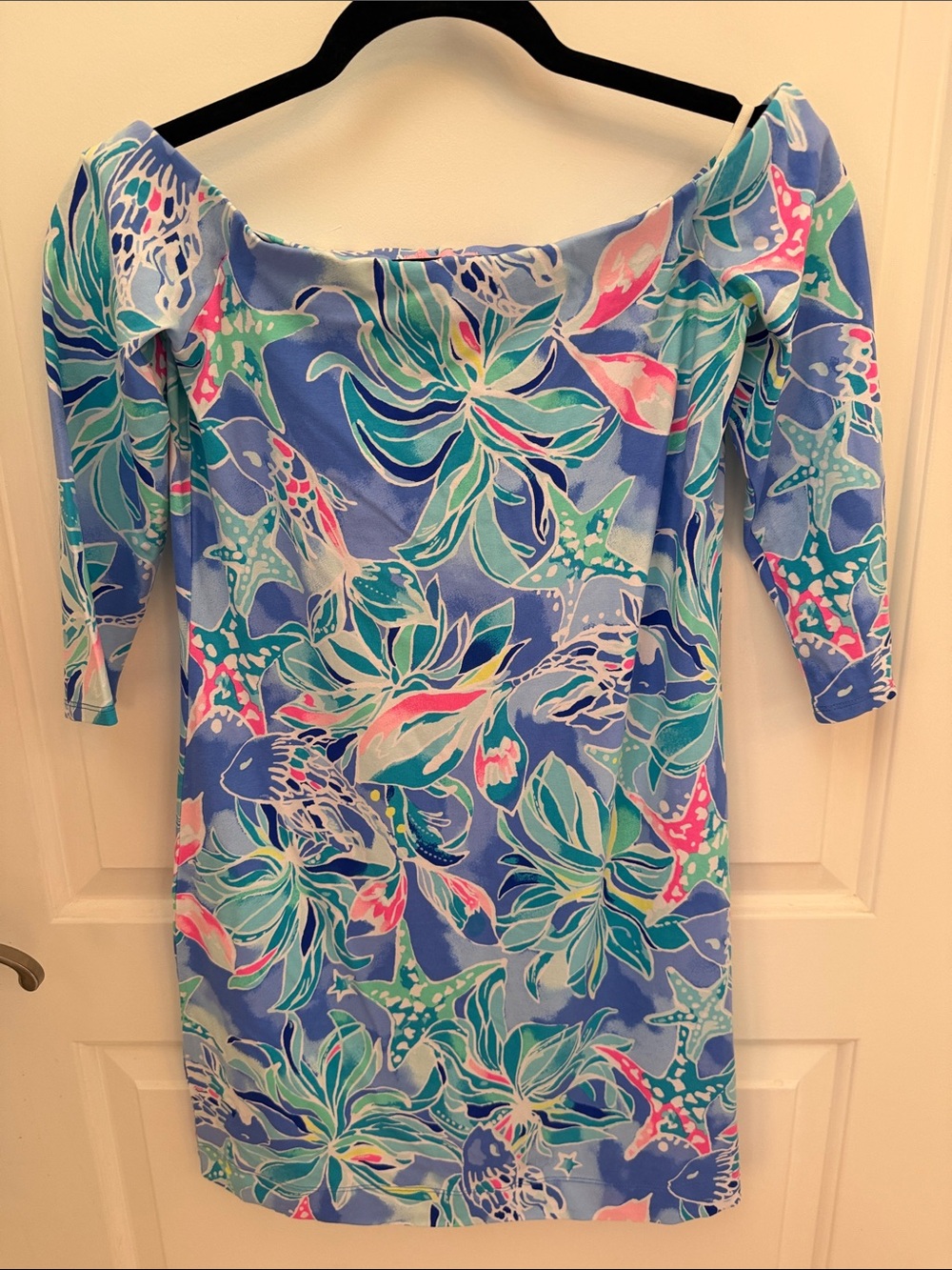 Lilly Pulitzer Blue Floral & Starfish Off-Shoulder Long Sleeve Dress